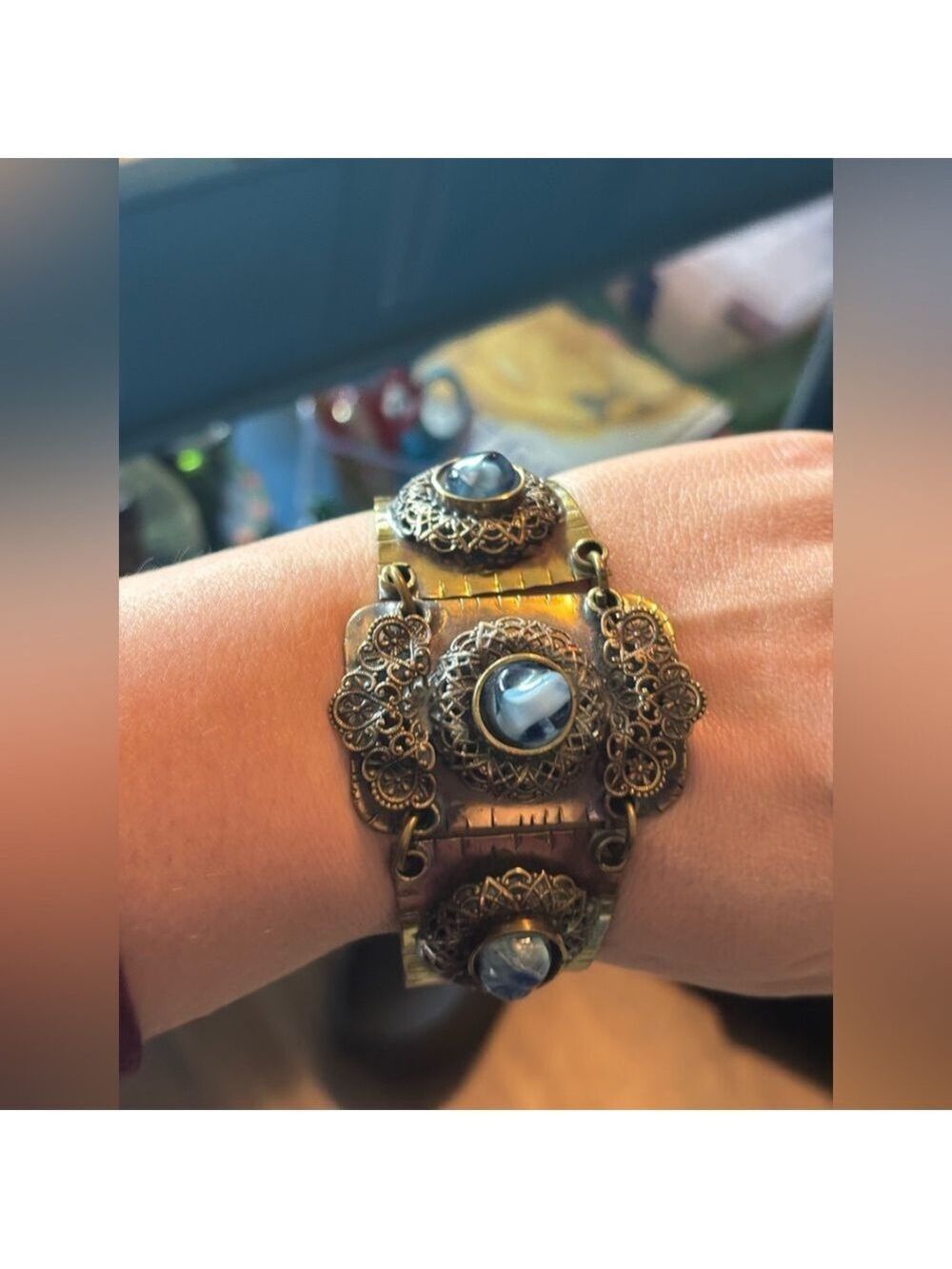 c.1930’s Art Deco Brass Filigree + Hand-Marbled Czech Glass Bracelet • Rare - Picture 4 of 16